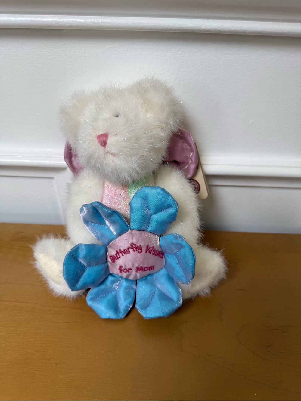 Boyds Bears White Plush Bear with Blue Satin Flower and Pink Accents